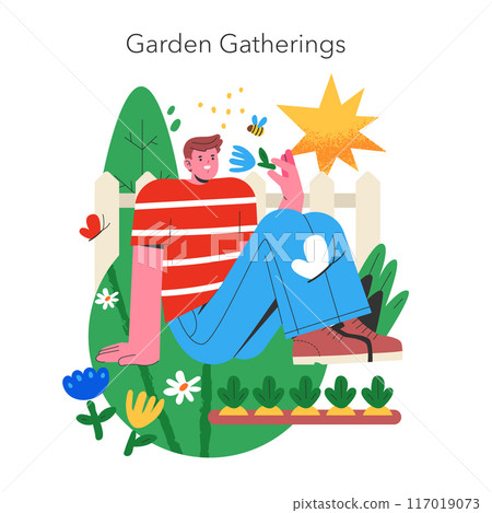 Relaxed man enjoying a peaceful moment in a vibrant garden, with lush greenery and lively bees buzzing around. Vector illustration. Relaxed man enjoying a peaceful moment in a vibrant garden, with lush greenery and lively bees buzzing around. Vector illustration. 117019073