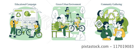 World Car Free Day set. Promoting sustainable transport with community engagement, educational initiatives, and urban greening. Awareness through collective action. Vector illustration. World Car Free Day set. Promoting sustainable transport with community engagement, educational initiatives, and urban greening. Awareness through collective action. Vector illustration. 117019083