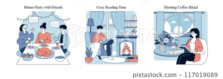 Special Moments set. Friends enjoying a dinner party, a person relaxing with a book by the fireplace, and a morning coffee routine. Vector illustration. 117019089
