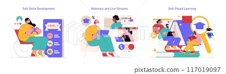 Adult Education set. Engaging in soft skills development, webinars, live streams, and self-paced learning. Interactive online education and personal skill enhancement. Vector illustration. 117019097