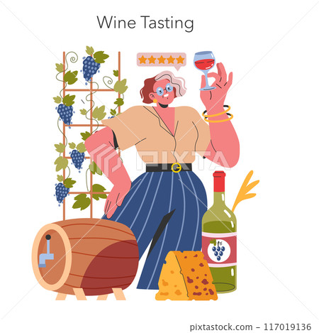 Wine Tasting concept. Joyful person savoring red wine amid vineyard symbols, cheese, and a wooden barrel. Savoring and enjoying quality wine culture. Vector illustration. Wine Tasting concept. Joyful person savoring red wine amid vineyard symbols, cheese, and a wooden barrel. Savoring and enjoying quality wine culture. Vector illustration. 117019136