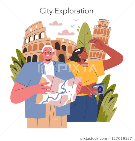 Vacation concept. Tourists with a map and camera explore ancient landmarks. Cultural travel and sightseeing adventure. Vector illustration. Vacation concept. Tourists with a map and camera explore ancient landmarks. Cultural travel and sightseeing adventure. Vector illustration. 117019137