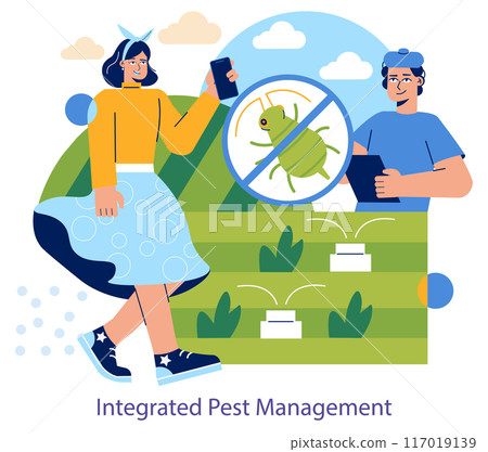 Integrated Pest Management concept. Agricultural professionals using sustainable methods to control pests. Safe crop protection and environmental care. Vector illustration. Integrated Pest Management concept. Agricultural professionals using sustainable methods to control pests. Safe crop protection and environmental care. Vector illustration. 117019139