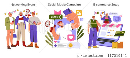 Business Startup set. Networking events, social media campaigns, e-commerce setups. Engaging modern professionals, online marketing strategies, digital sales platforms. Vector illustration. 117019141