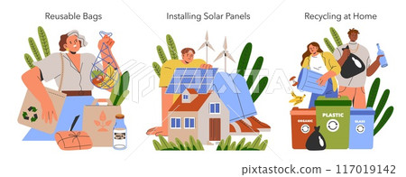 Sustainability Lifestyle set. Everyday eco-friendly choices from using reusable bags to installing solar panels and recycling at home. Vector illustration. Sustainability Lifestyle set. Everyday eco-friendly choices from using reusable bags to installing solar panels and recycling at home. Vector illustration. 117019142