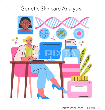 Skincare innovation concept. A scientist analyzing genetic factors for personalized skincare treatments in a modern lab setup. Vector illustration. 117019143