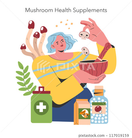 Mushroom Cultivation concept. A person engages in home-based mushroom growth for health benefits, showcasing supplements and cultivation kit. Vector illustration. 117019159