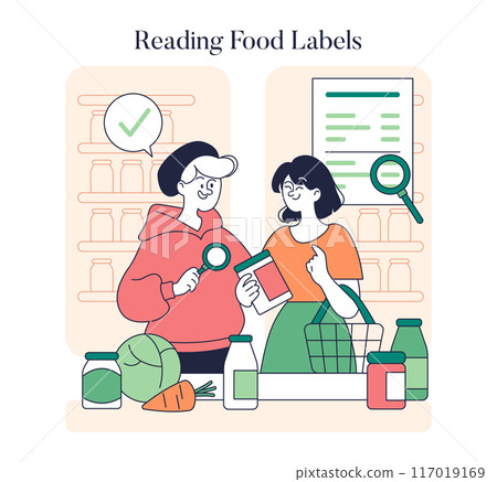 Low Histamine Diet concept. Individuals examining food labels carefully to maintain a specific dietary regimen. Vector illustration. Low Histamine Diet concept. Individuals examining food labels carefully to maintain a specific dietary regimen. Vector illustration. 117019169