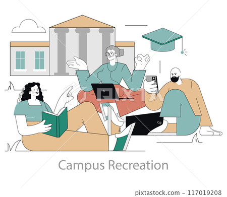Campus Recreation concept. Students engaging in leisure activities with technology and books outside an academic building. Vector illustration. 117019208
