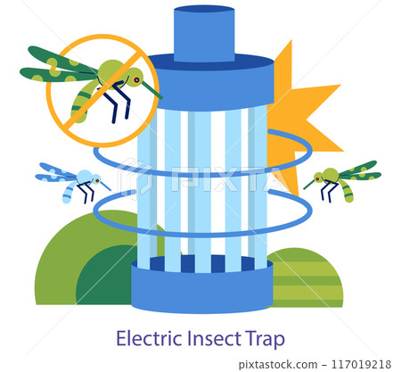 Insect Pest Control concept. Electric trap providing safe and effective solution to eliminate flying insects, enhancing home and garden protection. Vector illustration. Insect Pest Control concept. Electric trap providing safe and effective solution to eliminate flying insects, enhancing home and garden protection. Vector illustration. 117019218