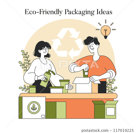 Eco-Friendly Packaging Ideas concept. Two individuals engaging in sustainable packaging activities. Creating green alternatives, promoting environmental awareness. Vector illustration. 117019225