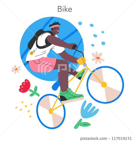 Summer cycling illustration. A person enjoys a bike ride amidst cheerful floral elements, evoking a sense of leisure and outdoor fun. Vector illustration. Summer cycling illustration. A person enjoys a bike ride amidst cheerful floral elements, evoking a sense of leisure and outdoor fun. Vector illustration. 117019231