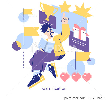 Gamification concept. Illustration depicting a character engaging with game elements for motivation. Learning through achievement and rewards system. Vector illustration. 117019233