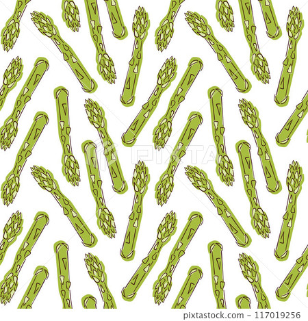 Green sprouts of asparagus seamless pattern in flat style. Vegetable design for product packaging and menu of restaurant. Vector illustration on a white background. Green sprouts of asparagus seamless pattern in flat style. Vegetable design for product packaging and menu of restaurant. Vector illustration on a white background. 117019256