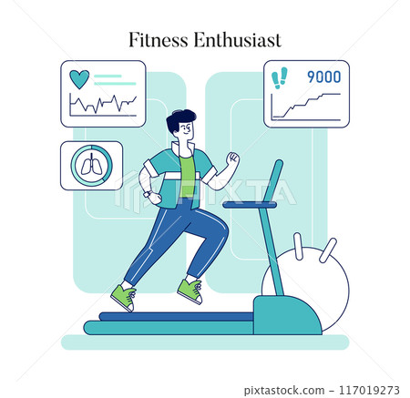 Biohacking concept. A person engages with technology to optimize fitness, showcasing health metrics. Personal enhancement through data and lifestyle. Vector illustration. 117019273