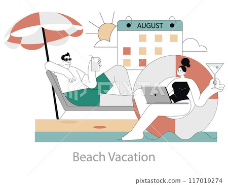 Last Days of Summer concept. A couple enjoys a seaside escape in August, with gadgets and drinks, savoring vacation vibes. Vector illustration. Last Days of Summer concept. A couple enjoys a seaside escape in August, with gadgets and drinks, savoring vacation vibes. Vector illustration. 117019274