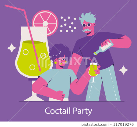 Party concept. Friends enjoying drinks at a festive gathering. Refreshing cocktails, shared laughter, and a fun atmosphere. Vector illustration. 117019276