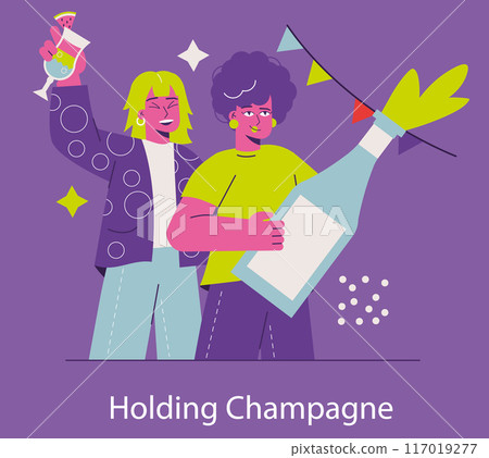 Party Celebration concept. Two joyous people with a cocktail and a large champagne bottle. Festive mood, friends' toast, and enjoyment. Vector illustration. Party Celebration concept. Two joyous people with a cocktail and a large champagne bottle. Festive mood, friends' toast, and enjoyment. Vector illustration. 117019277