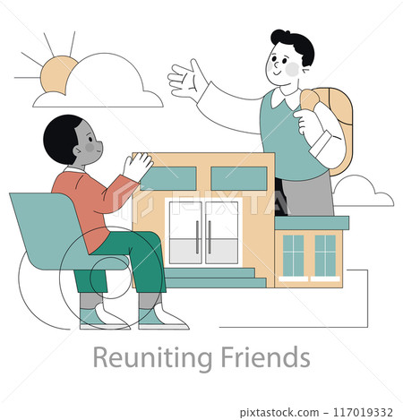 Farewell Summer concept. Friends reunite for a final summer moment, capturing the bittersweet sunset goodbye. Vector illustration. Farewell Summer concept. Friends reunite for a final summer moment, capturing the bittersweet sunset goodbye. Vector illustration. 117019332