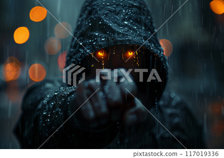 Man with burning eyes shows his fist while standing in a hoodie in the rain on the street 117019336