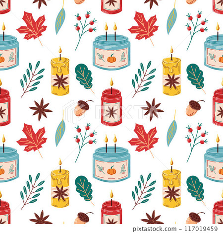Seamless pattern with candle in a glass cup. Burning candle with leaves, acorn, rowan berry and cinnamon. Autumn design. Vector illustration on a white background. Seamless pattern with candle in a glass cup. Burning candle with leaves, acorn, rowan berry and cinnamon. Autumn design. Vector illustration on a white background. 117019459