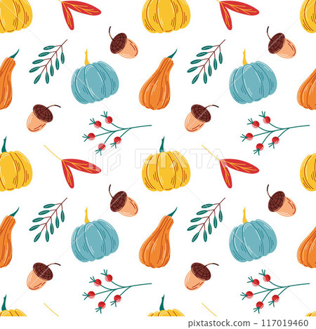Cute autumn seamless pattern in flat style. Background design with leaves, acorns, rowan, pumpkin, berries. Vector illustration. Cute autumn seamless pattern in flat style. Background design with leaves, acorns, rowan, pumpkin, berries. Vector illustration. 117019460