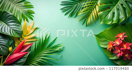 Summer background with tropical flowers and green leaves Summer party backdrop 117019480