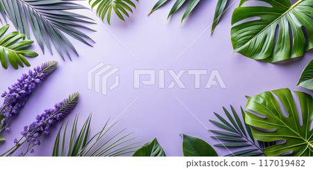 Summer background with tropical flowers and green leaves Summer party backdrop 117019482