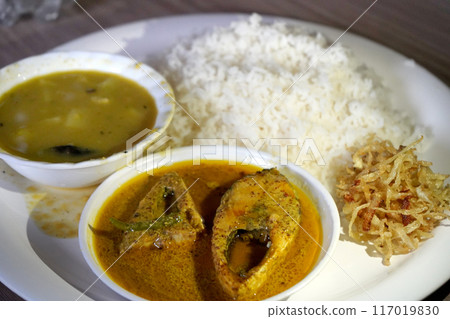 Bengali Famous Dish Hilsa Fish with White Rice and Dal 117019830