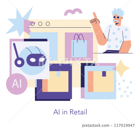 Retail Technology concept. AI innovation transforming shopping experience with smart services. Automated checkout, personalized recommendations. Vector illustration. Retail Technology concept. AI innovation transforming shopping experience with smart services. Automated checkout, personalized recommendations. Vector illustration. 117019947