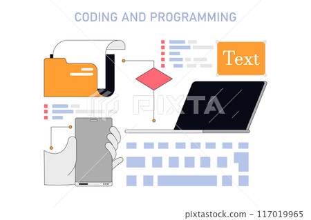 Coding and Programming concept. Digital education with abstract laptop, smartphone, and coding elements. Online learning tools and programming languages. Vector illustration. Coding and Programming concept. Digital education with abstract laptop, smartphone, and coding elements. Online learning tools and programming languages. Vector illustration. 117019965