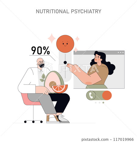 Nutrition and Mental Health concept. A depiction of a psychiatrist assessing the impact of diet on emotional well-being. Vector illustration. Nutrition and Mental Health concept. A depiction of a psychiatrist assessing the impact of diet on emotional well-being. Vector illustration. 117019966