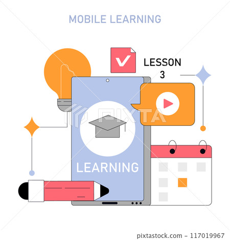 Mobile learning concept. Digital education through smartphone interface with icons for lessons, calendar, and video play. E-learning accessibility. Vector illustration. Mobile learning concept. Digital education through smartphone interface with icons for lessons, calendar, and video play. E-learning accessibility. Vector illustration. 117019967
