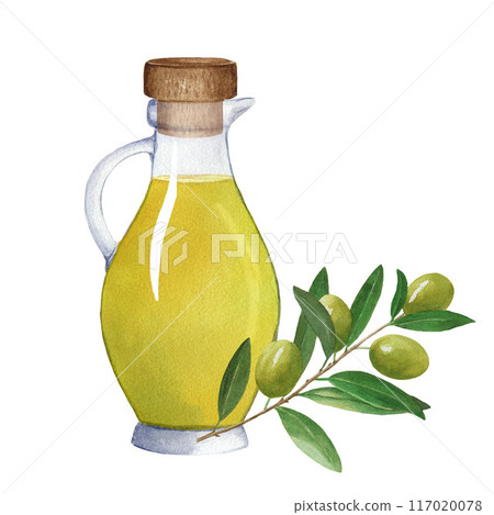 Composition of glass jug with oil and olive branch with green olives. Hand drawn watercolor illustration on white background 117020078