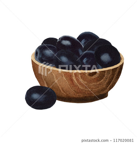 Wooden bowl with black olives. Watercolor olive fruits in a brown dish, ecological kitchenware. Watercolor food clipart for menu on white background 117020081
