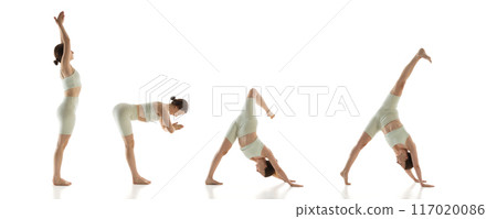 Banner. Collage. Yoga sequence. Woman begins standing with arms raised, moves into one-legged downward dog against white background. 117020086