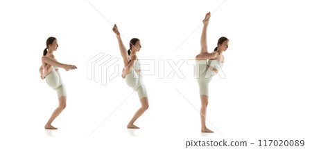 Banner. Collage. Yoga stretch progression. Woman begins in low squat, progressively lifts her leg higher while holding it with her hands, and achieves full standing split. 117020089