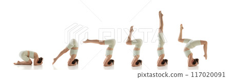 Banner. Collage. Step-by-step headstand progression in yoga. Woman practicing exercises to improve balance against white background. 117020091