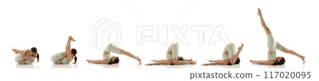 Banner. Collage. Young woman scratching her back and legs, doing yoga exercises against white background. Strength and flexibility. Banner. Collage. Young woman scratching her back and legs, doing yoga exercises against white background. Strength and flexibility. 117020095