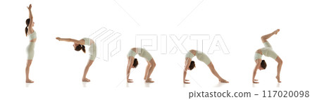 Banner. Collage. Young woman stretching, standing in yoga poses against white background. Strengthen your back with these exercises. 117020098