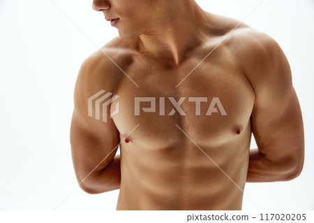 Cropped photo of young male body with well-defined abs and chest against white background. Model posing shirtless. 117020205