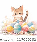 Easter greeting card with kawaii fluffy kitten sits among colorful easter eggs in grass. Spring postcard with cute cat for religious holiday. Watercolor style, AI generated illustration. 117020262