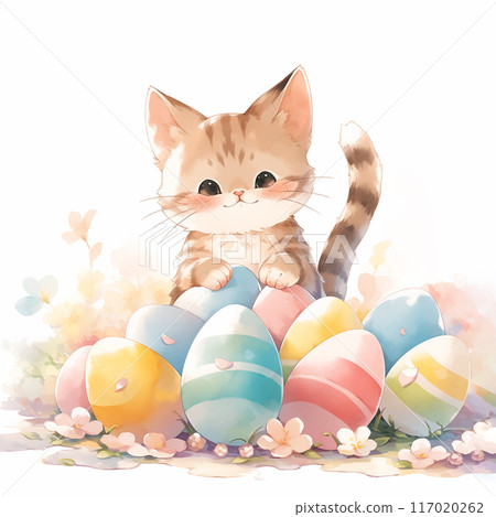 Easter greeting card with kawaii fluffy kitten sits among colorful easter eggs in grass. Spring postcard with cute cat for religious holiday. Watercolor style, AI generated illustration. Easter greeting card with kawaii fluffy kitten sits among colorful easter eggs in grass. Spring postcard with cute cat for religious holiday. Watercolor style, AI generated illustration. 117020262