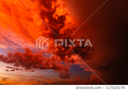 Sunset sky after a thunderstorm Wide angle Warm colors High saturation and contrast 117020276