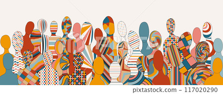 Abstract silhouettes front view with geometric figures of diverse people. Racial Equality Diversity Inclusion concept. Gender Equality. Mixed. Community diverse culture. Banner 117020290