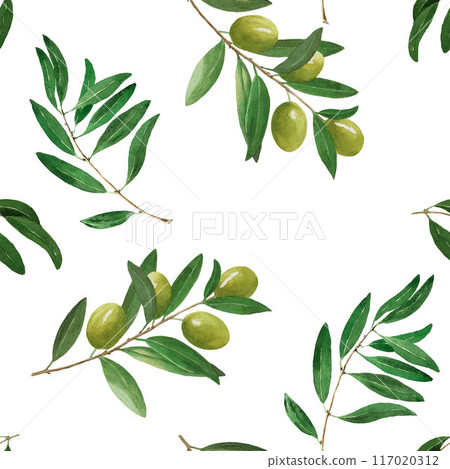 Seamless pattern with olive tree elements. Hand drawn watercolor illustration on white background for print, wrapper, textile, fabric, packaging 117020312