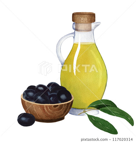 Composition of glass jug with olive oil, wooden bowl with black olives and cork. Watercolor illustration on white background. For cards, posters, menu Composition of glass jug with olive oil, wooden bowl with black olives and cork. Watercolor illustration on white background. For cards, posters, menu 117020314