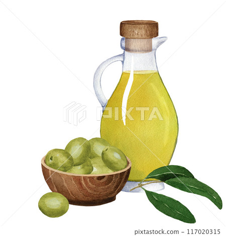 Composition of glass jug with olive oil, wooden bowl with green olive and cork. Watercolor illustration on white background. For cards, posters, menu 117020315