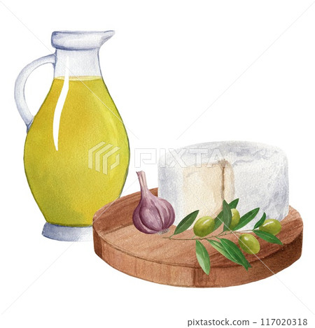 Watercolor hand drawn illustration of glass jug with olive oil, kitchen cutting board with soft cheese, garlic and olive branch. For menu, label 117020318