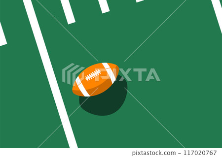 Ball casts a shadow on football field, top view, american football gridiron, view from above, poster with space for text, vector 117020767